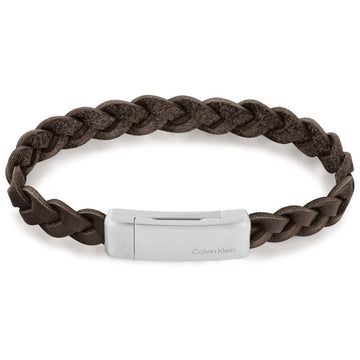 Ανδρικό βραχιόλι Calvin Klein 35000131 από καφέ δέρμα με ασημένια αγκράφα.